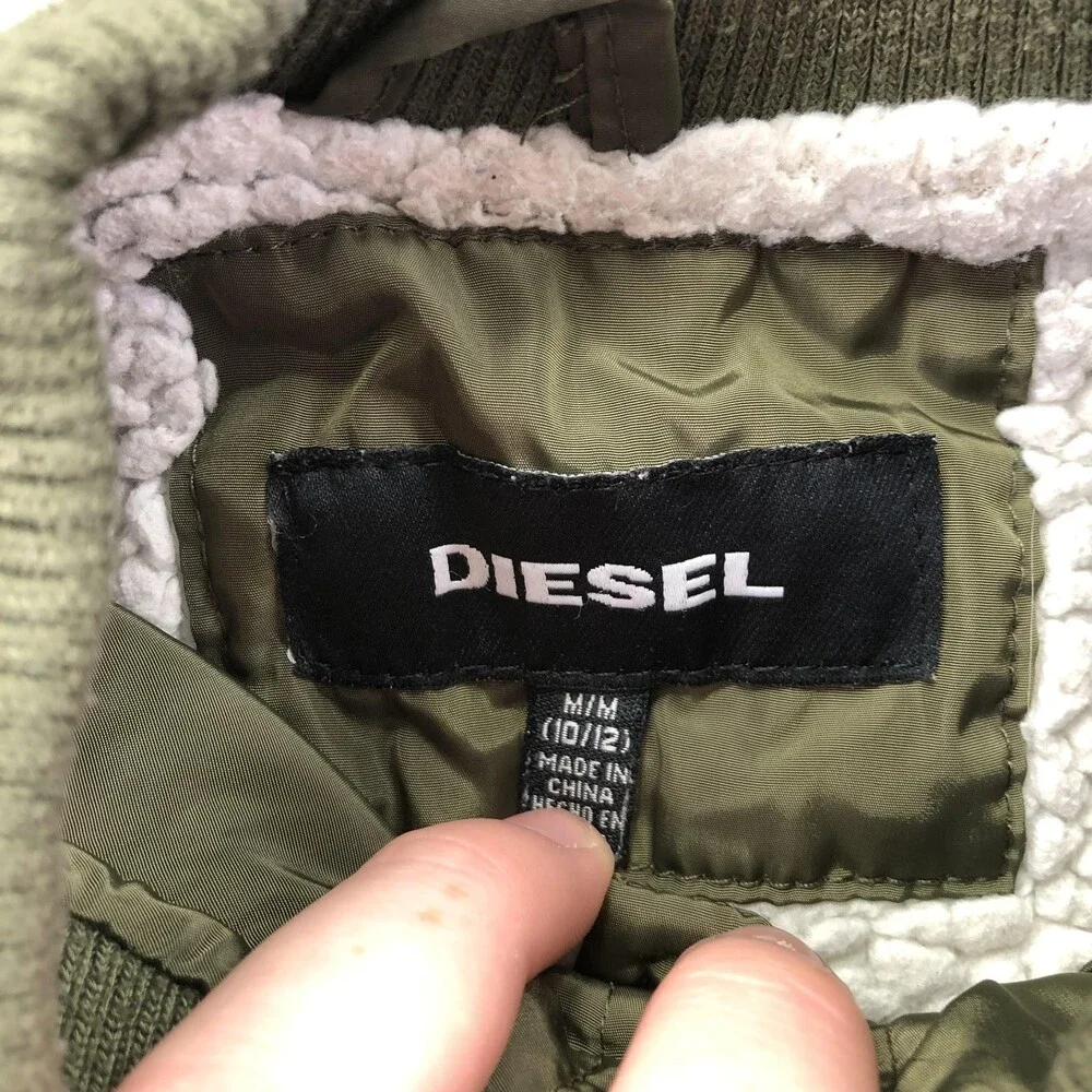 Diesel Jacket Youth Medium 10/12 Green Bomber Studded Zip Lined Winter